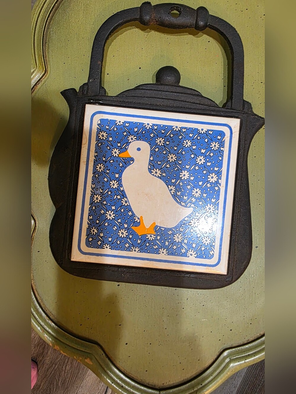 Vintage Cast Iron Decorative Black Bird Teapot Wall Plaque with Blue Duck Tile